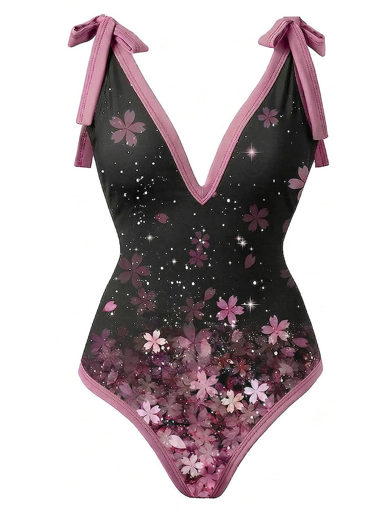 [Prévente] 2PCS Maillot de Bain Une Pièce Fleur de Cerisier et Paréo Rose années 50 2