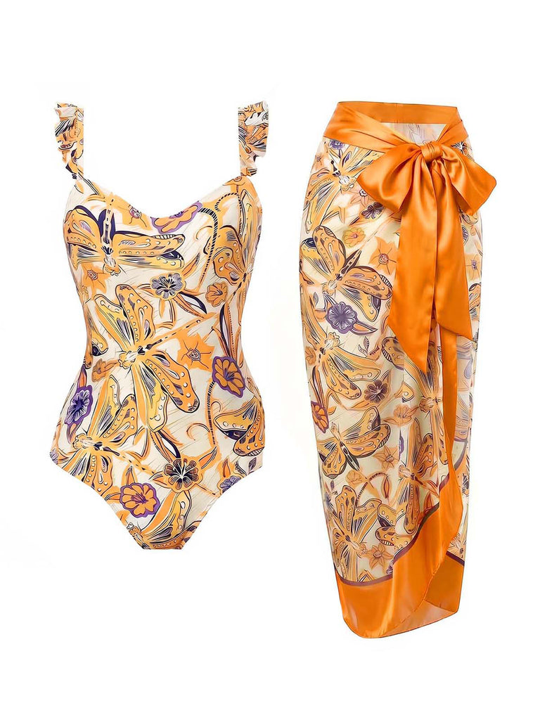 [Prévente] 2PCS Maillot de Bain Floral Libellule et Paréo Orange années 60