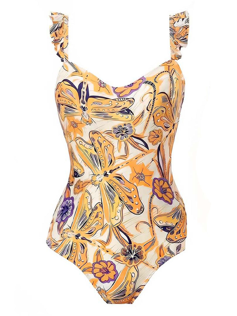 [Prévente] 2PCS Maillot de Bain Floral Libellule et Paréo Orange années 60 2