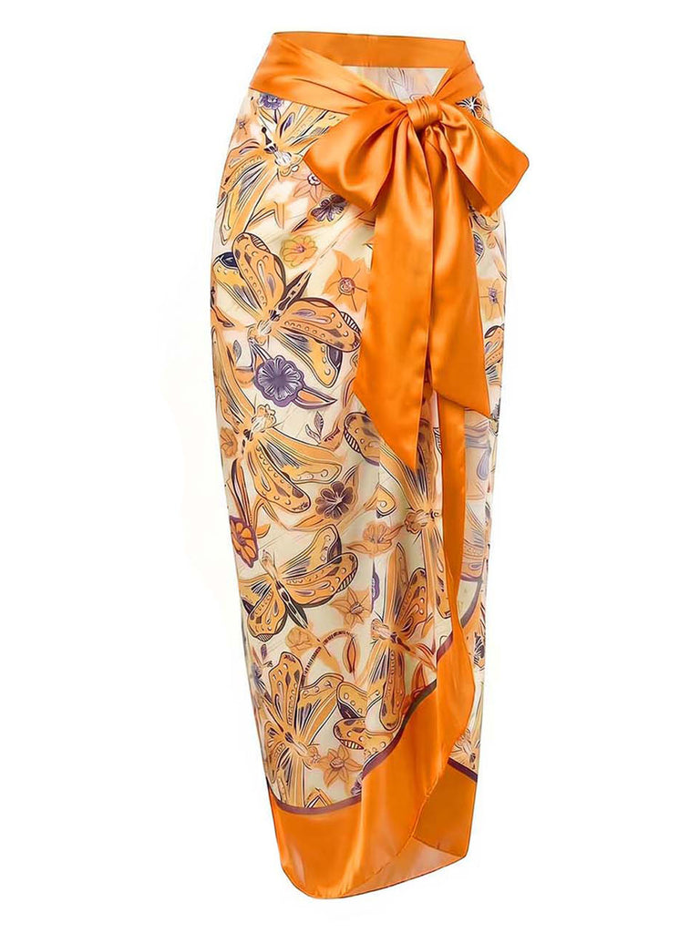 [Prévente] 2PCS Maillot de Bain Floral Libellule et Paréo Orange années 60 3