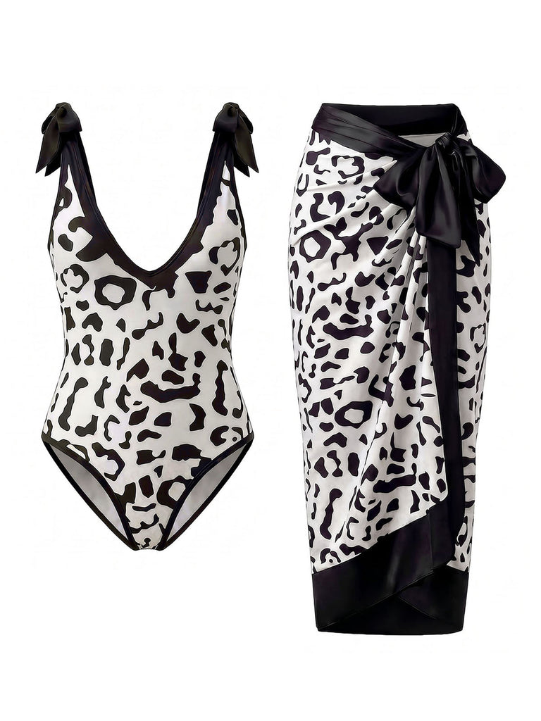 [Prévente] Maillot de Bain Une Pièce Col en V Imprimé Léopard et Paréo années 80