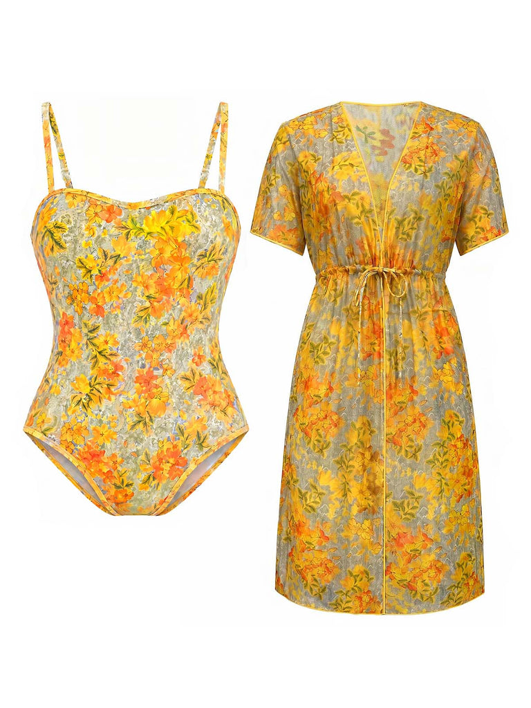 [Prévente] Maillot de Bain Une Pièce Dentelle Floral et Paréo Jaune années 70