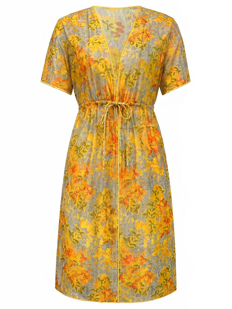 [Prévente] Maillot de Bain Une Pièce Dentelle Floral et Paréo Jaune années 70 3