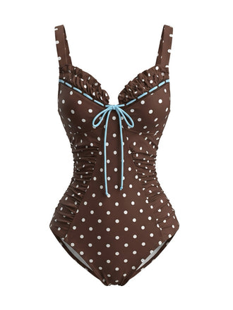 Maillot de bain colorblock pois couleur café clair années 1960