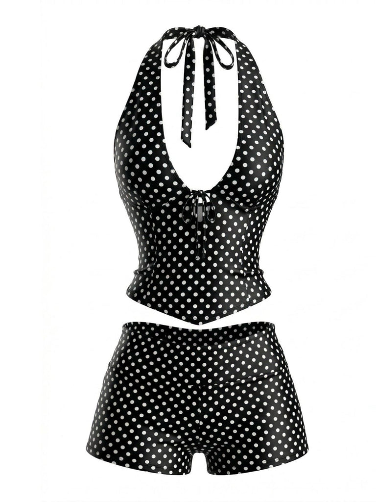 [Prévente] Ensemble Tankini Dos Nu à Pois Noir années 60