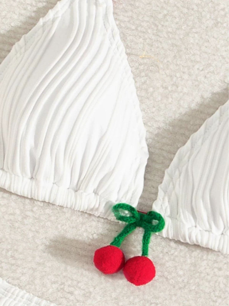 Ensemble Bikini Côtelé Dos Nu Noué Cerises Blanc années 50 5