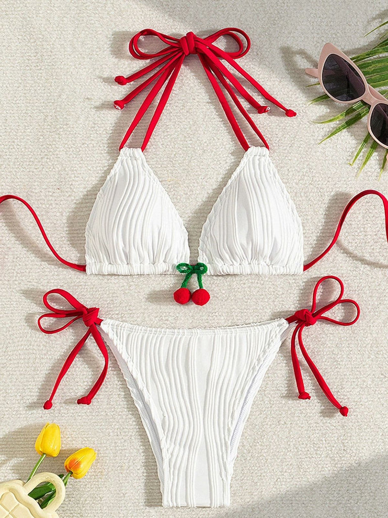 Ensemble Bikini Côtelé Dos Nu Noué Cerises Blanc années 50 4
