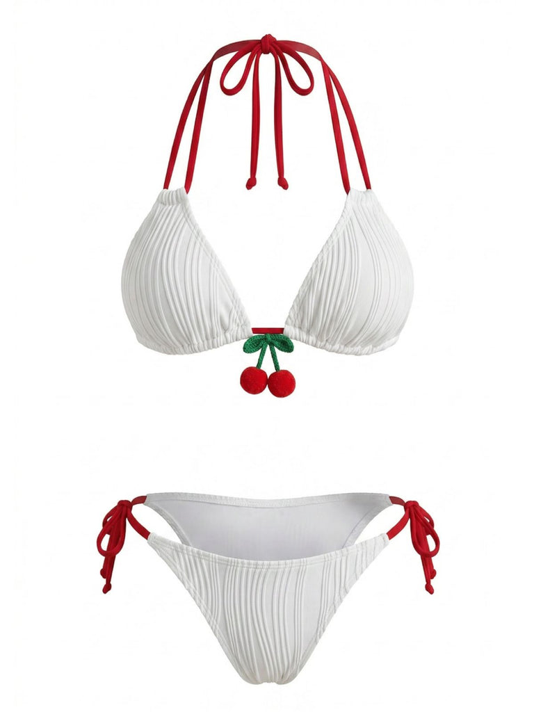 Ensemble Bikini Côtelé Dos Nu Noué Cerises Blanc années 50 2