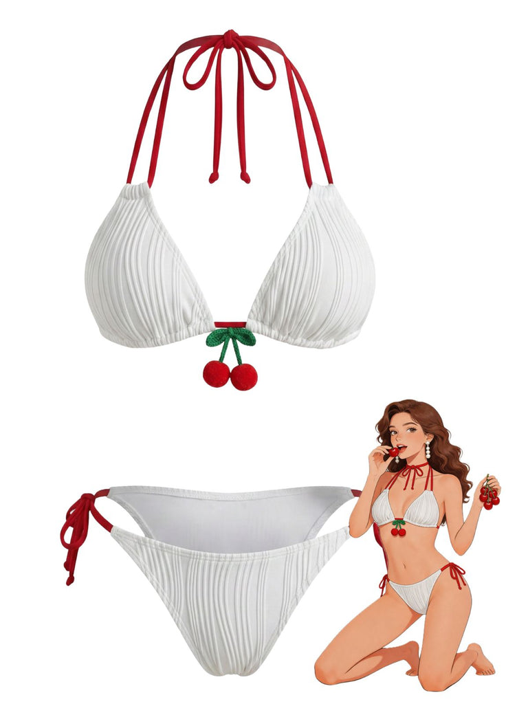 Ensemble Bikini Côtelé Dos Nu Noué Cerises Blanc années 50