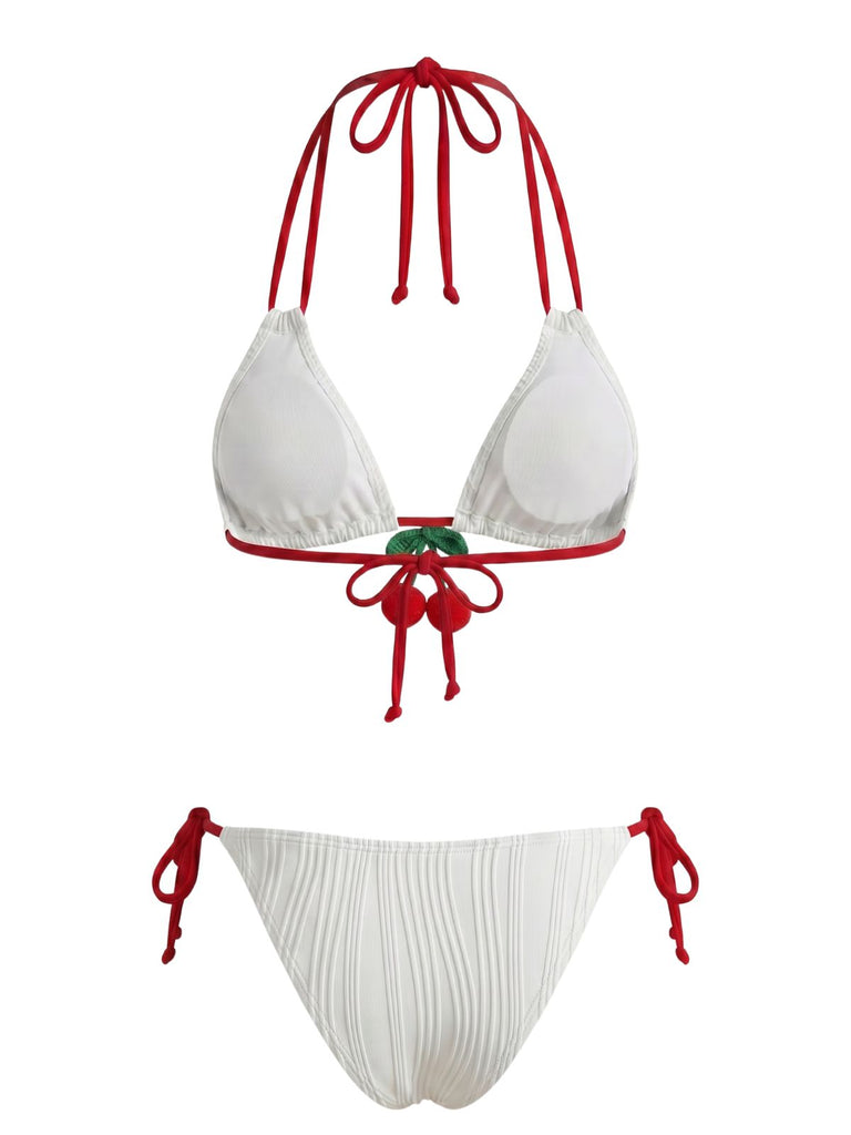 Ensemble Bikini Côtelé Dos Nu Noué Cerises Blanc années 50 3