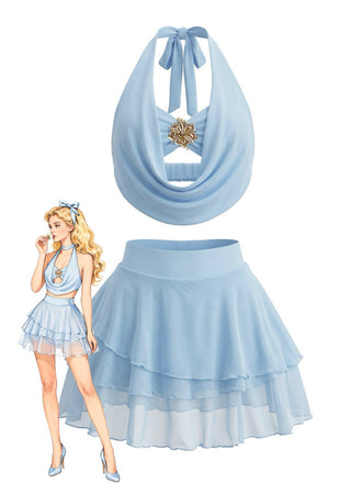 [Prévente] 2PCS Haut bleu clair dos nu et jupe années 80