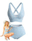 Ensemble de bikini bleu clair motif floral taille haute et dos croisé années 80