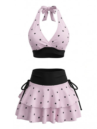 Bikini Col Licou et Cache-Maillot Volants Pois Rose Années 80