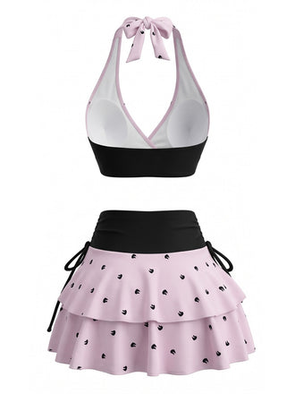 Bikini Col Licou et Cache-Maillot Volants Pois Rose Années 80