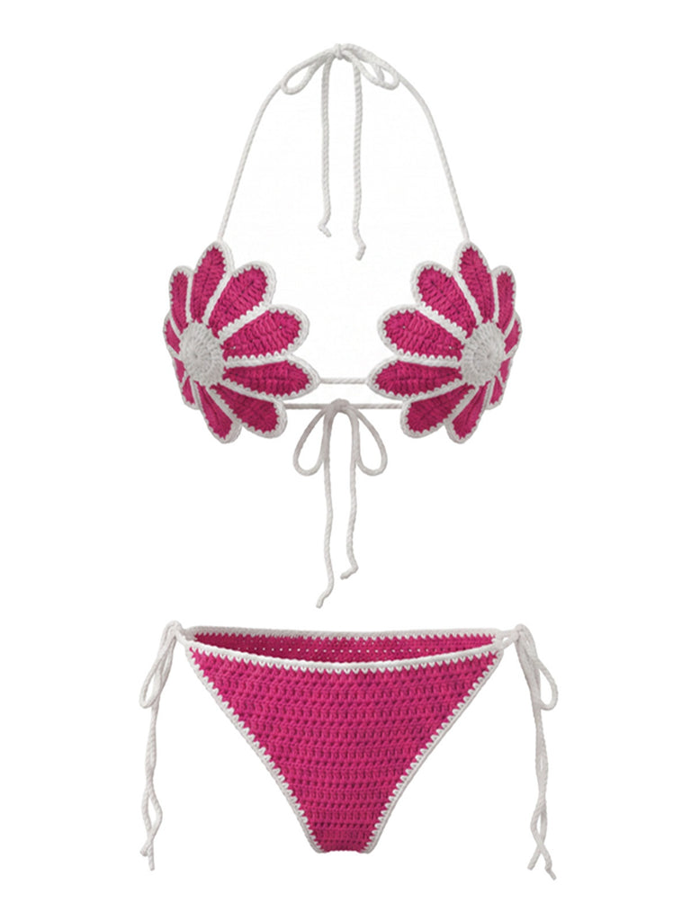 Ensemble bikini rouge rose motifs floraux crocheté la main années 1980