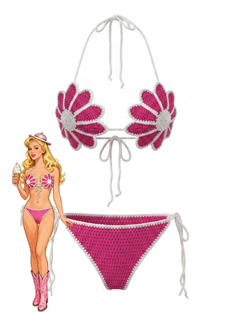 Ensemble bikini rouge rose motifs floraux crocheté la main années 1980