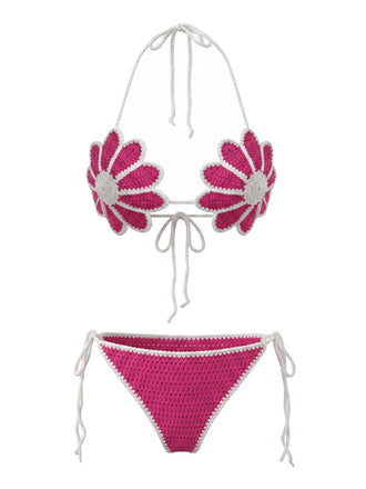 Ensemble bikini rouge rose motifs floraux crocheté la main années 1980