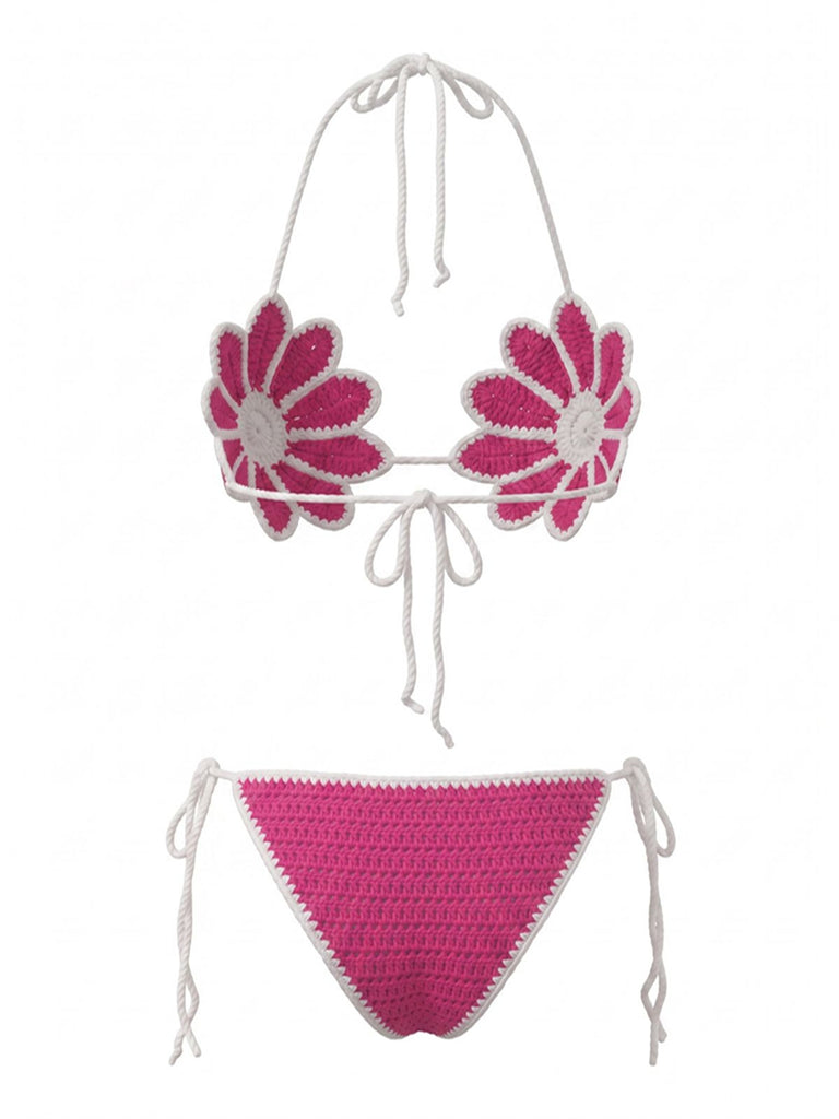 Ensemble bikini rouge rose motifs floraux crocheté la main années 1980