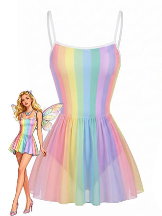 [Prévente] Maillot de Bain à Jupe Une Pièce Rayures Arc-en-Ciel Multicolore Années 1940