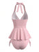 Ensemble tankini rose carreaux Vichy dos nu et volants années 50
