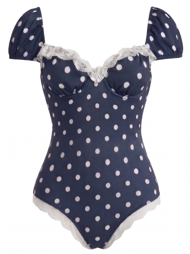 [Prévente] Maillot de Bain Une Pièce Dentelle à Pois Bleu Marine années 50