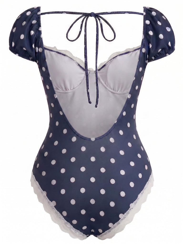 [Prévente] Maillot de Bain Une Pièce Dentelle à Pois Bleu Marine années 50 2