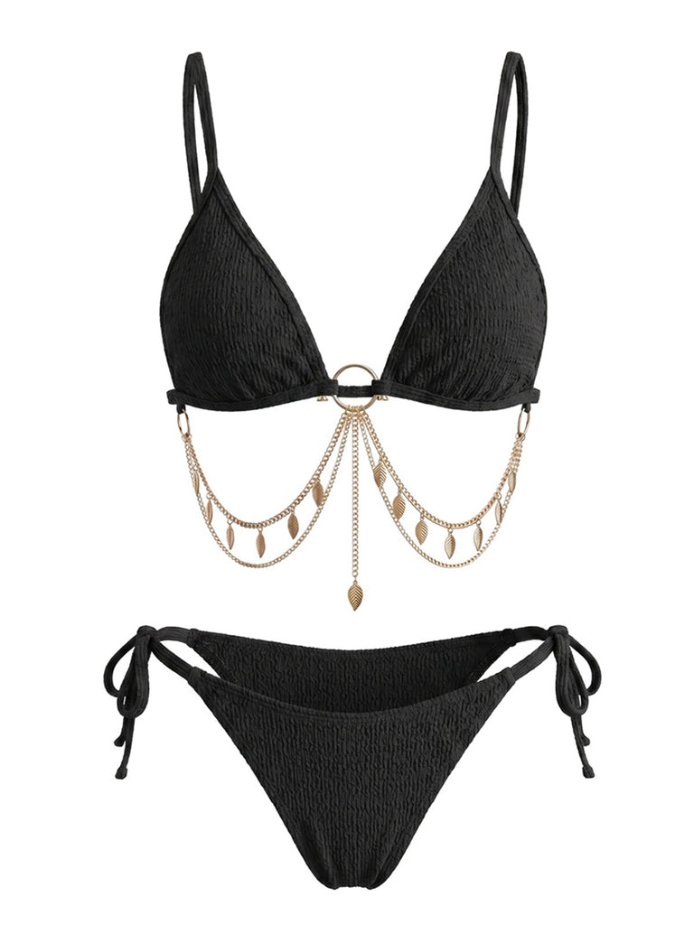 Ensemble bikini triangle chaîne dorée et côtelé années 1960