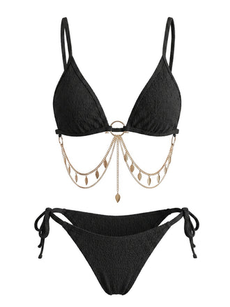 Ensemble bikini triangle chaîne dorée et côtelé années 1960