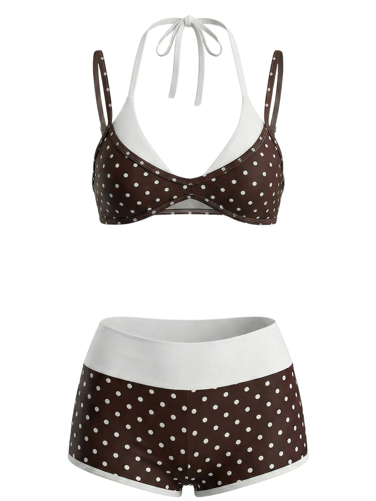 [Prévente] Maillot de Bain à Pois Double Couche Marron Années 1950