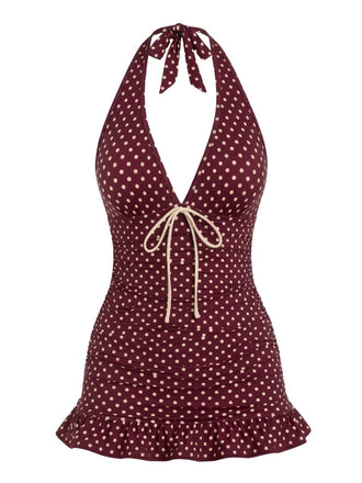 Maillot de bain bordeaux dos nu à pois années 40