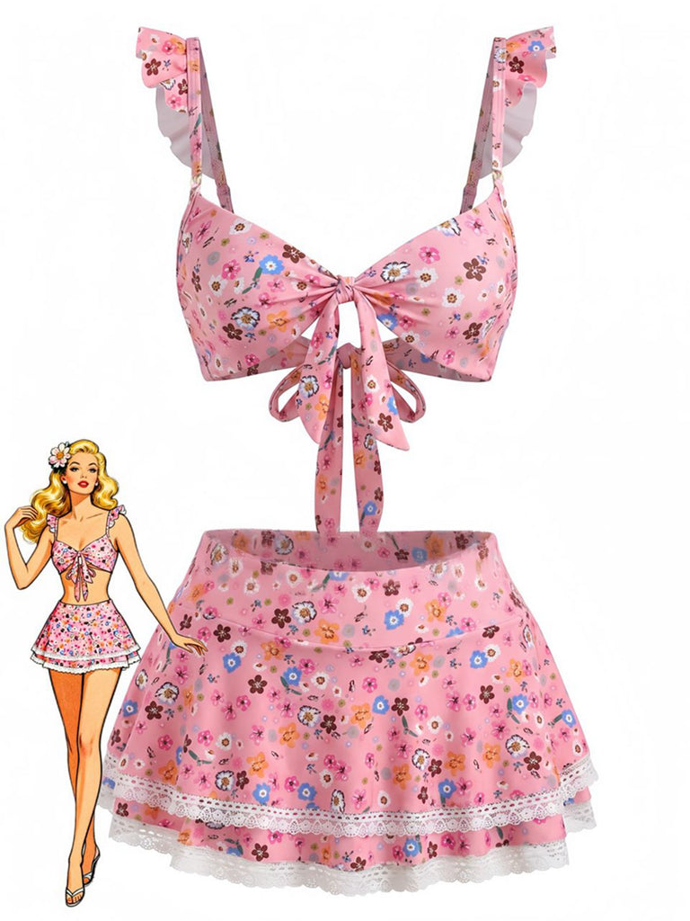 Bikini à Volants Fleurs avec Dentelle Années 1940