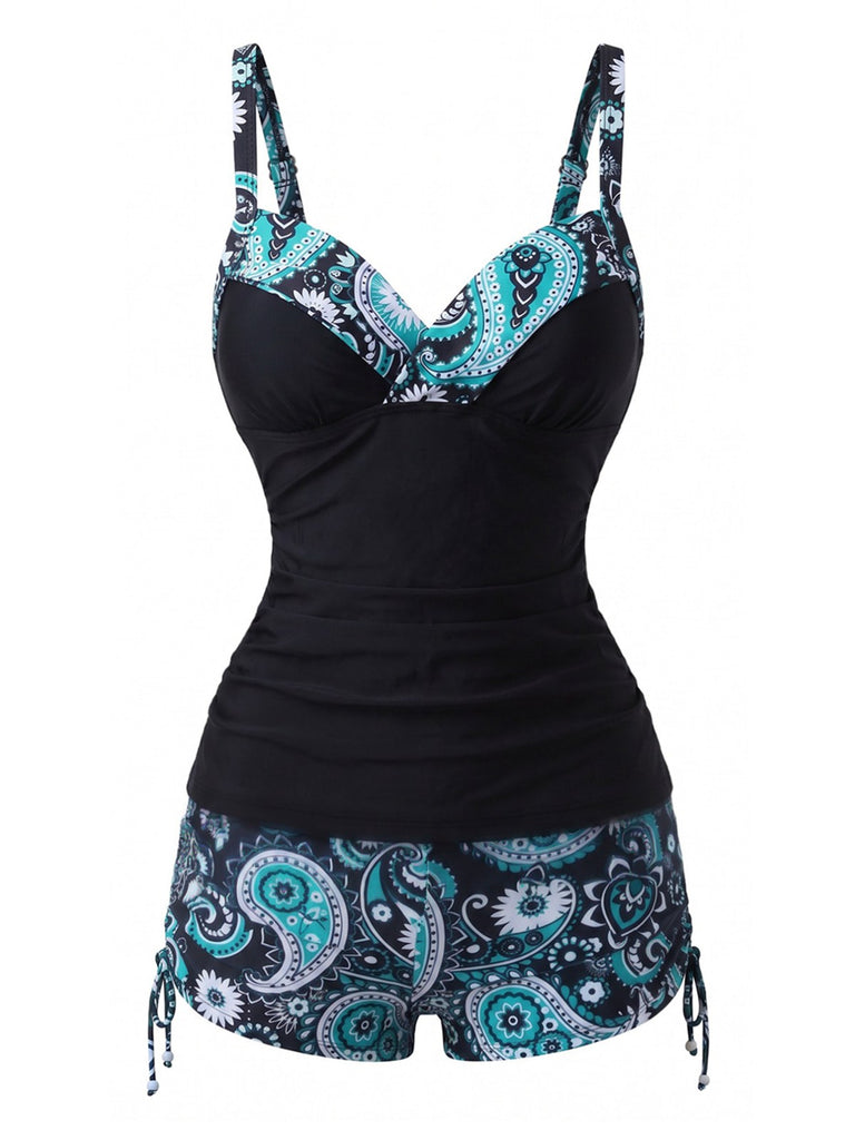 Tankini Bleu bohème col V bretelles années 70