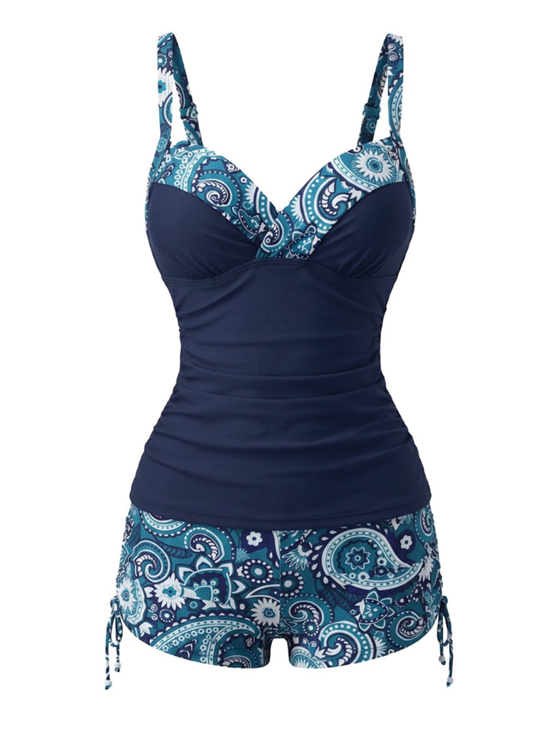 Tankini Bleu bohème col V bretelles années 70