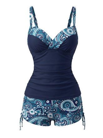 Tankini Bleu bohème col V bretelles années 70