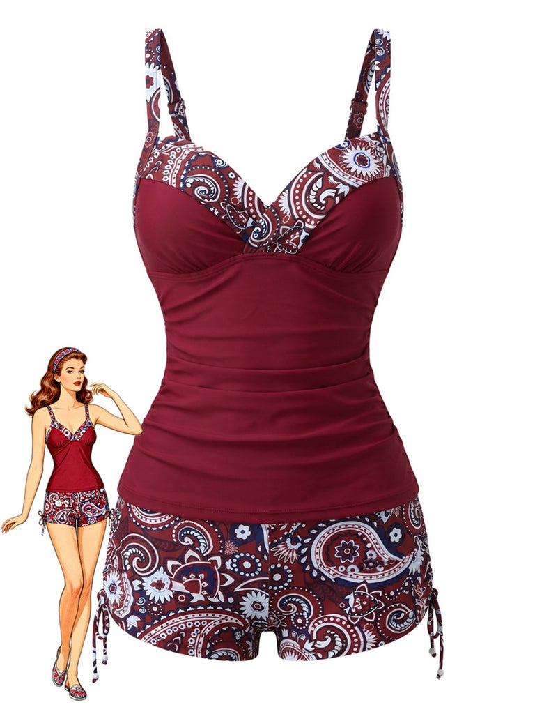 Tankini Bleu bohème col V bretelles années 70