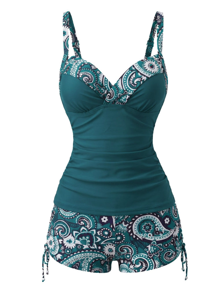Tankini Bleu bohème col V bretelles années 70