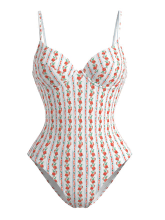 Maillot de Bain Une Pièce à Bretelles Floral Orange Années 1950