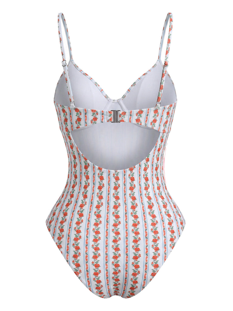 Maillot de Bain Une Pièce à Bretelles Floral Orange Années 1950 5