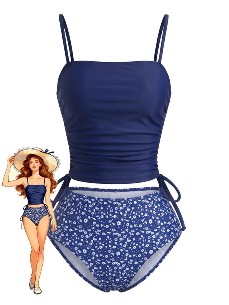 Ensemble tankini bleu marine motifs floraux et taille cordon serrage années 1950