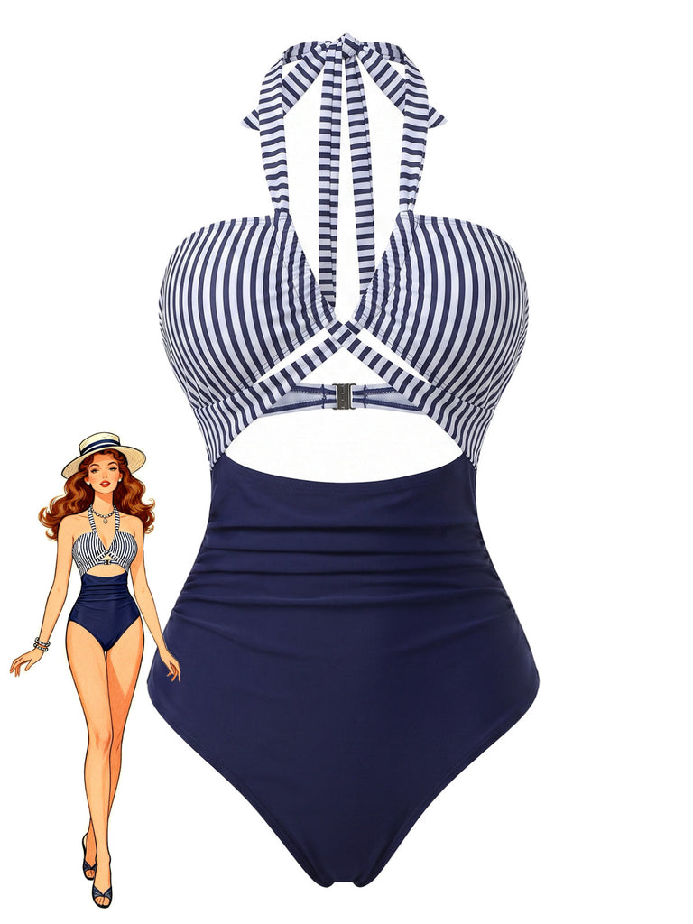 Maillot de Bain Une Pièce Halter Plongeant Découpé Années 1950
