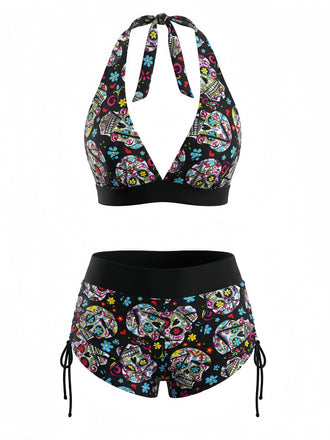 Ensemble Bikini Gothique Halter Crâne en Sucre Multicolore Années 1980 2
