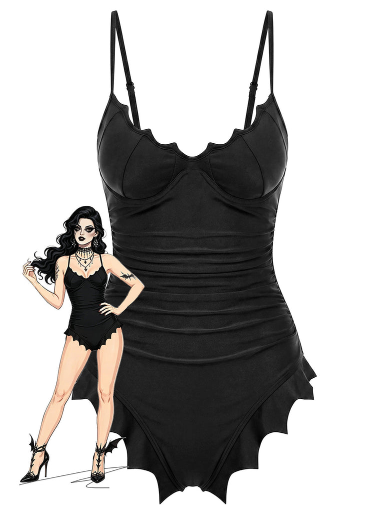 [Prévente] Maillot de Bain Une Pièce Ourlet Chauve-Souris Gothique Noir années 50