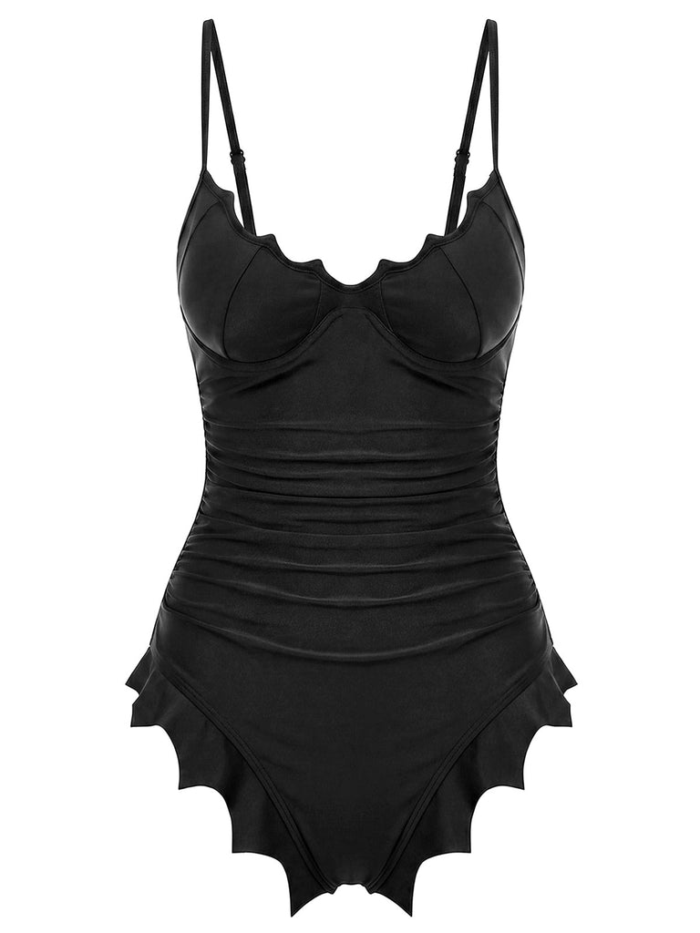 [Prévente] Maillot de Bain Une Pièce Ourlet Chauve-Souris Gothique Noir années 50 3