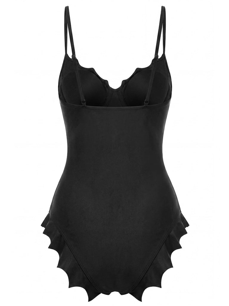 [Prévente] Maillot de Bain Une Pièce Ourlet Chauve-Souris Gothique Noir années 50 4