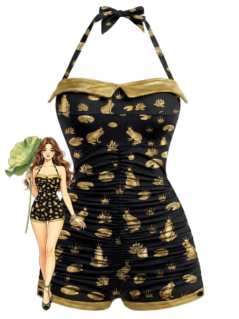[Prévente] Maillot de Bain Une Pièce Dos Nu Grenouille et Couronne Noir années 50