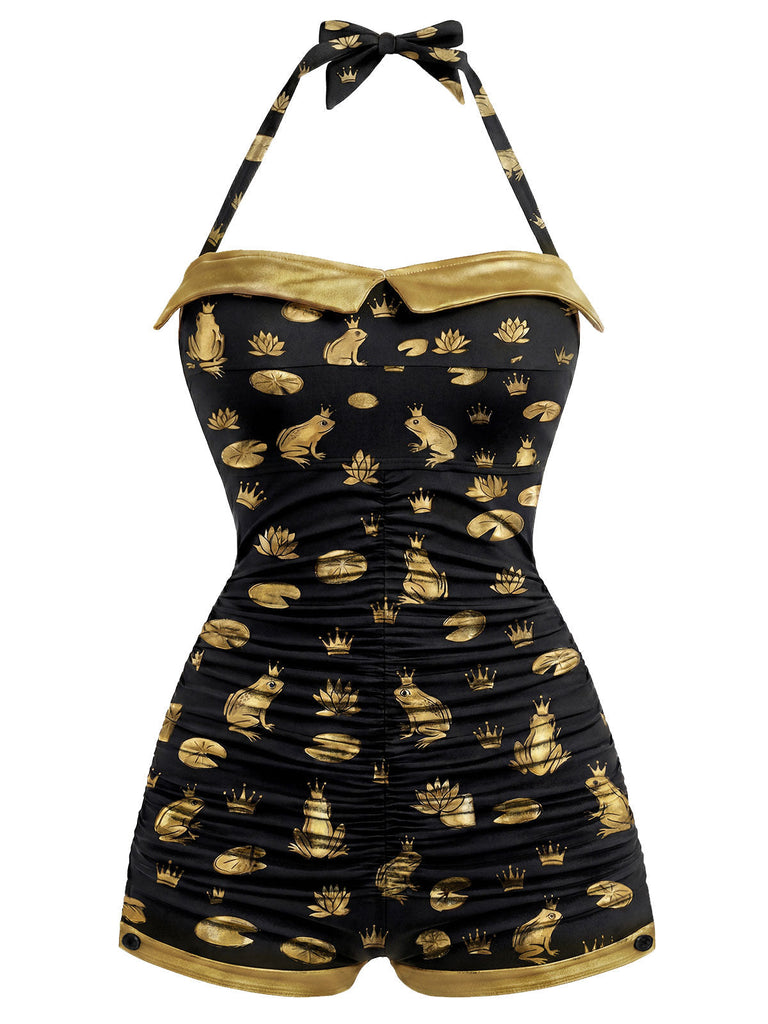 [Prévente] Maillot de Bain Une Pièce Dos Nu Grenouille et Couronne Noir années 50 2