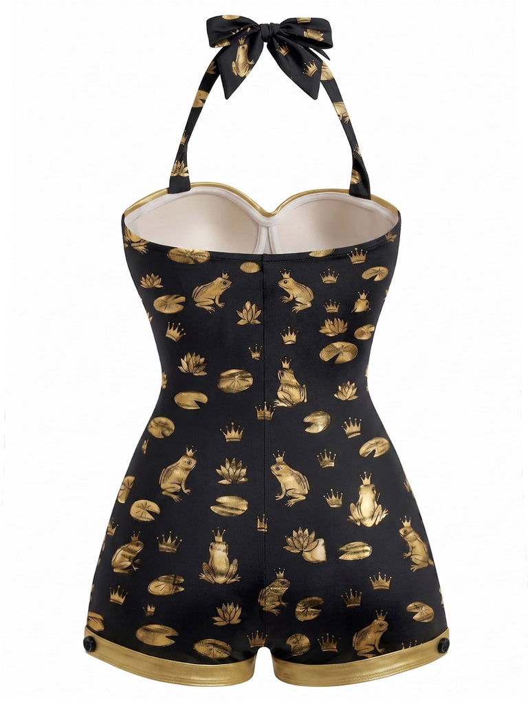 [Prévente] Maillot de Bain Une Pièce Dos Nu Grenouille et Couronne Noir années 50 5
