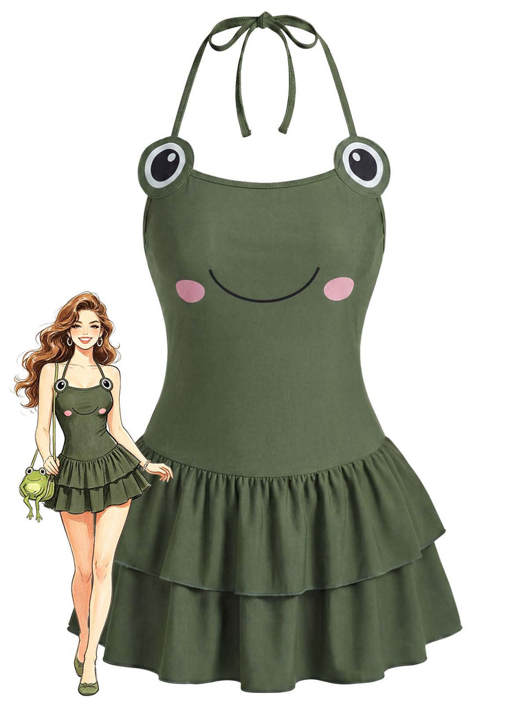 [Prévente] Maillot de Bain à Jupe à Volants Dos Nu Imprimé Grenouille Vert années 50