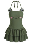 [Prévente] Maillot de Bain à Jupe à Volants Dos Nu Imprimé Grenouille Vert années 50 2