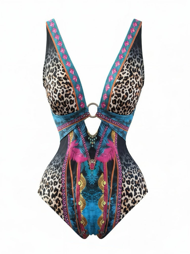 Maillot de Bain 1 Pièce Col V Profond Léopard Années 80
